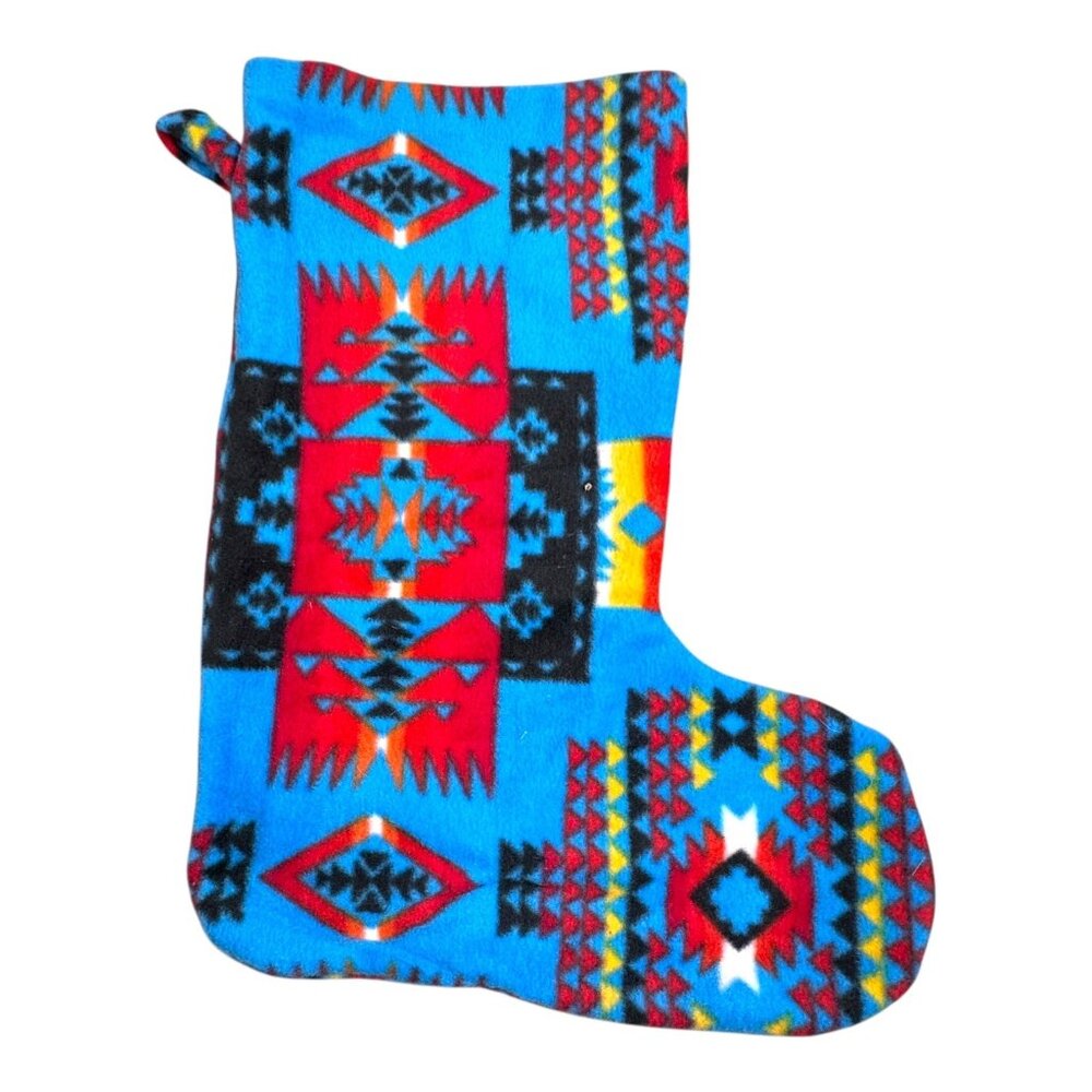 Aztec Southwest Fleece Christmas Stocking Geometric Bold Red & Blue Pattern